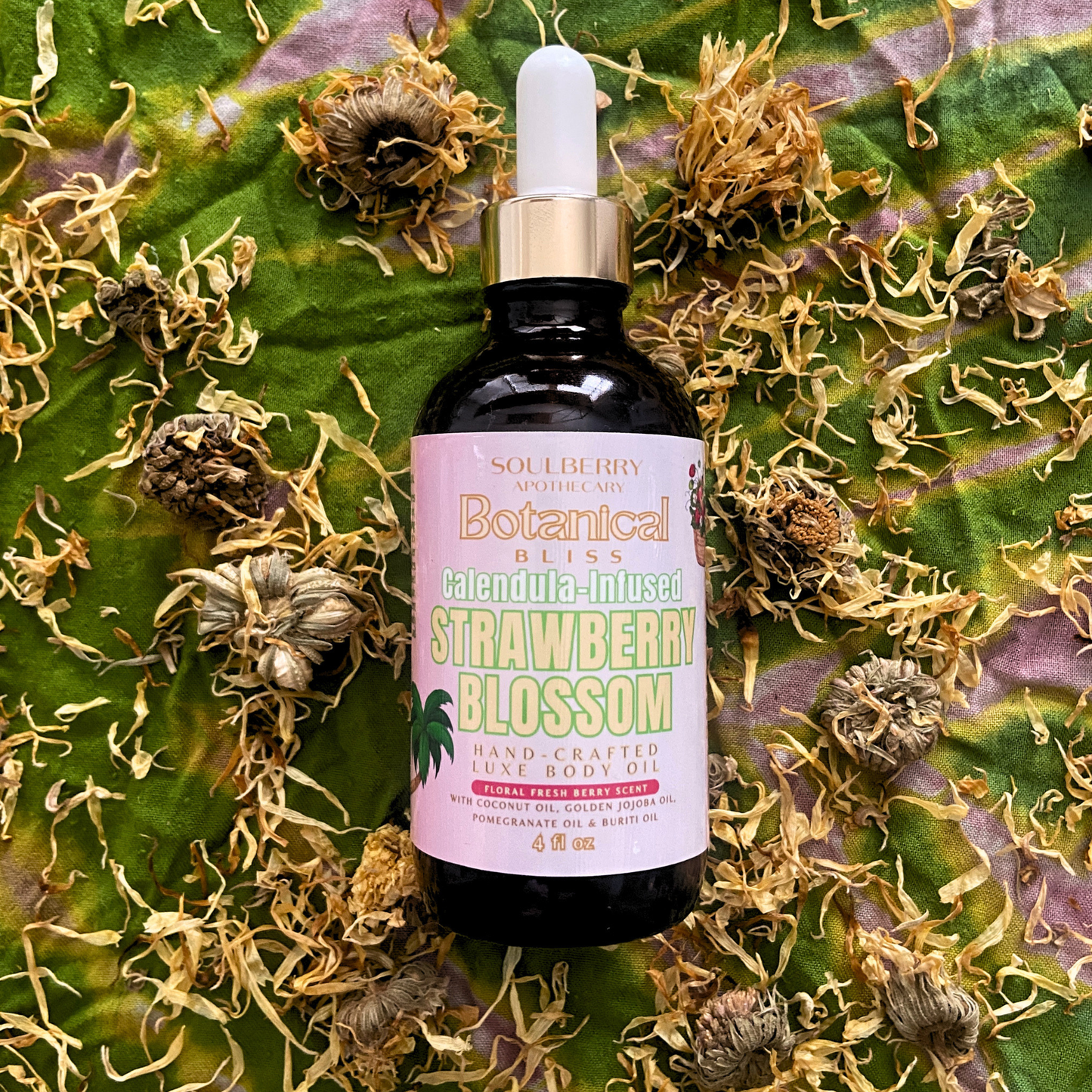 Strawberry Blossom | BOTANICAL BLISS | Natural Luxe CALENDULA-INFUSED Body Oil | with Coconut Oil, Golden Jojoba Oil, Pomegranate OIl & Buriti Oils