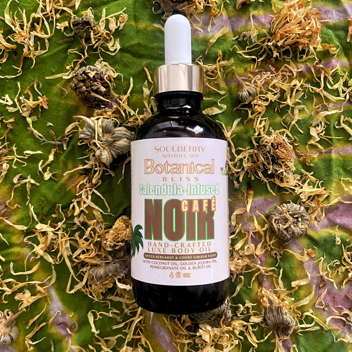 Café Noir | BOTANICAL BLISS | Natural Luxe CALENDULA-INFUSED Body Oil | with Coconut Oil, Golden Jojoba Oil, Pomegranate OIl & Buriti Oils