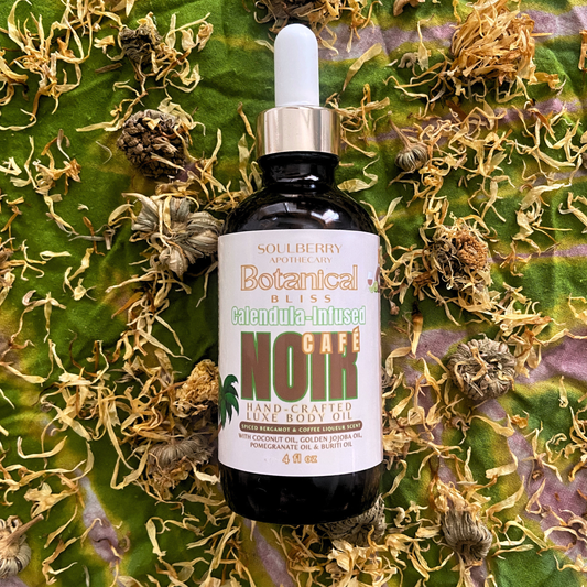 Café Noir | BOTANICAL BLISS | Natural Luxe CALENDULA-INFUSED Body Oil | with Coconut Oil, Golden Jojoba Oil, Pomegranate OIl & Buriti Oils