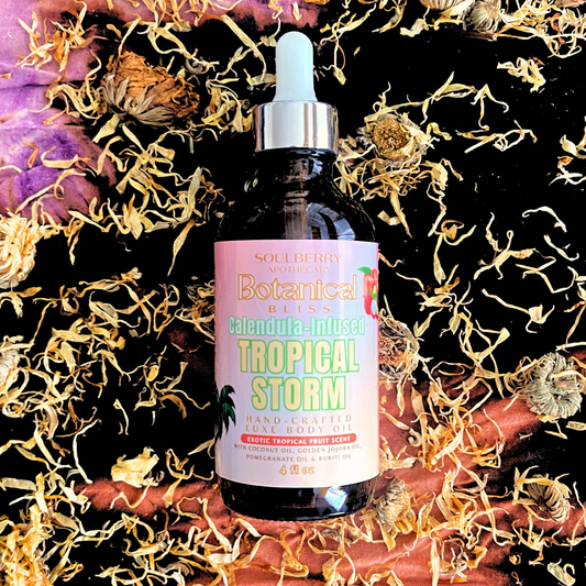 Tropical Storm | BOTANICAL BLISS | Natural Luxe CALENDULA-INFUSED Body Oil | with Coconut Oil, Golden Jojoba Oil, Pomegranate OIl & Buriti Oils