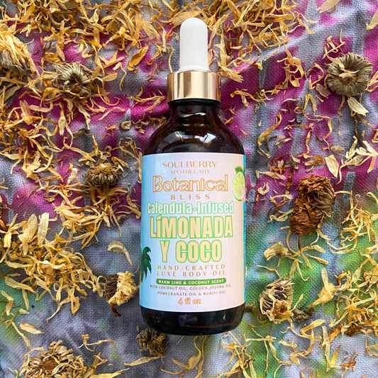 Limonada Y Coco | BOTANICAL BLISS | Natural Luxe CALENDULA-INFUSED Body Oil | with Coconut Oil, Golden Jojoba Oil, Pomegranate OIl & Buriti Oils