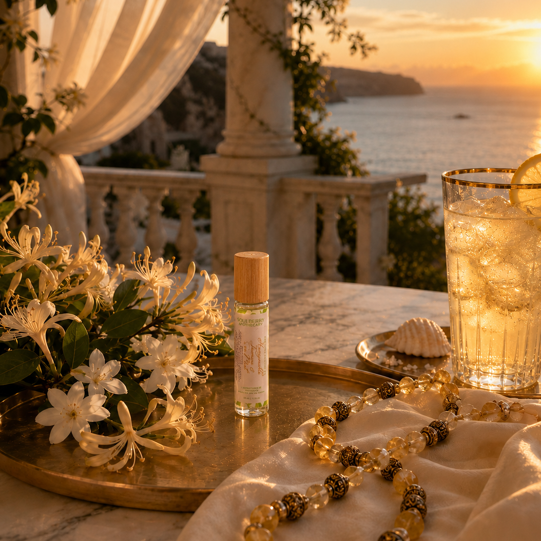 A small cylindrical bottle with a bamboo-look cap sits on a brass tray on a table set outdoors at sunset. The scene includes white flowers, a glass of iced drink with a lemon slice, a shell, and a beaded necklace, with a balcony and sea visible in the background.