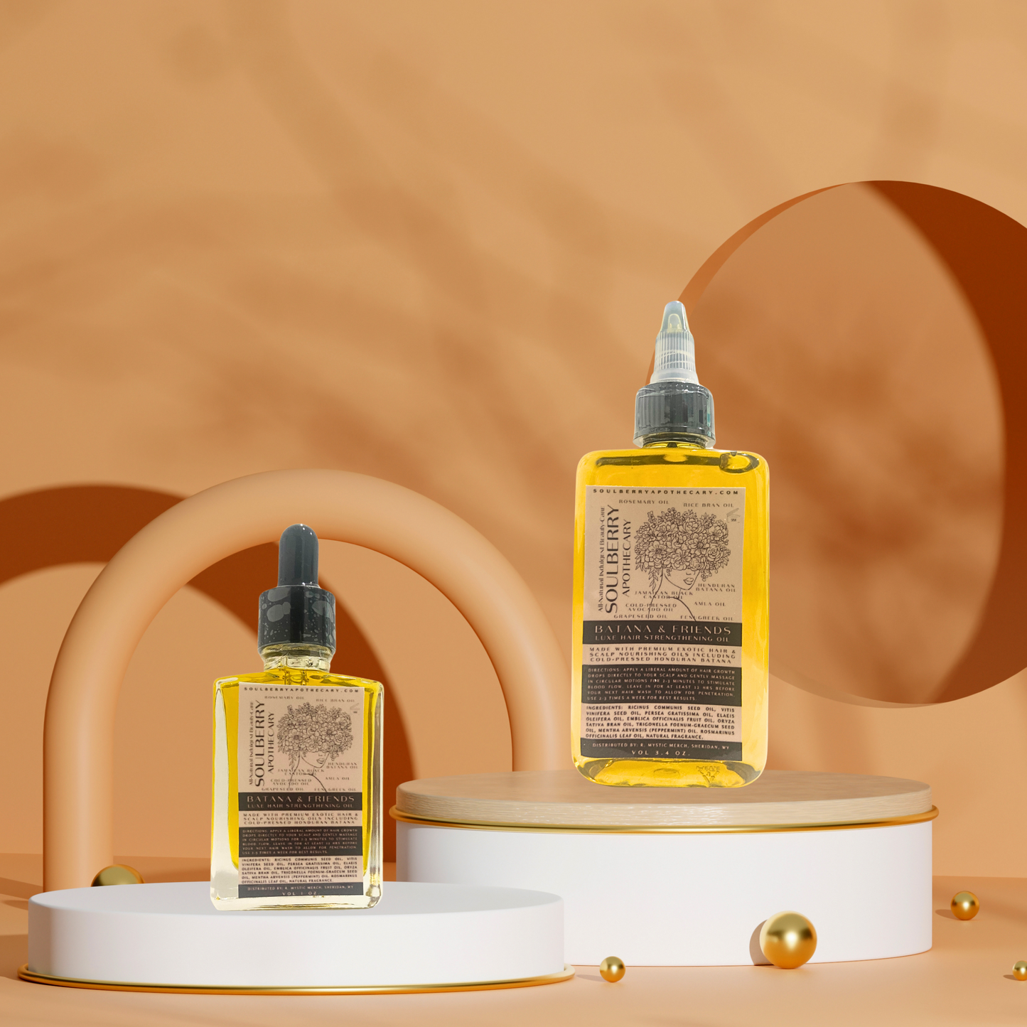 Two bottles of hair strengthening oil on a stage-like platform with a beige background, one larger and one smaller with labels detailing natural ingredients.